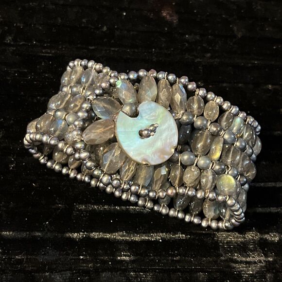 Vintage Labradorite Beaded 3 Row Cuff Bracelet MOP Abalone Button Closure 6.5” - Picture 1 of 6